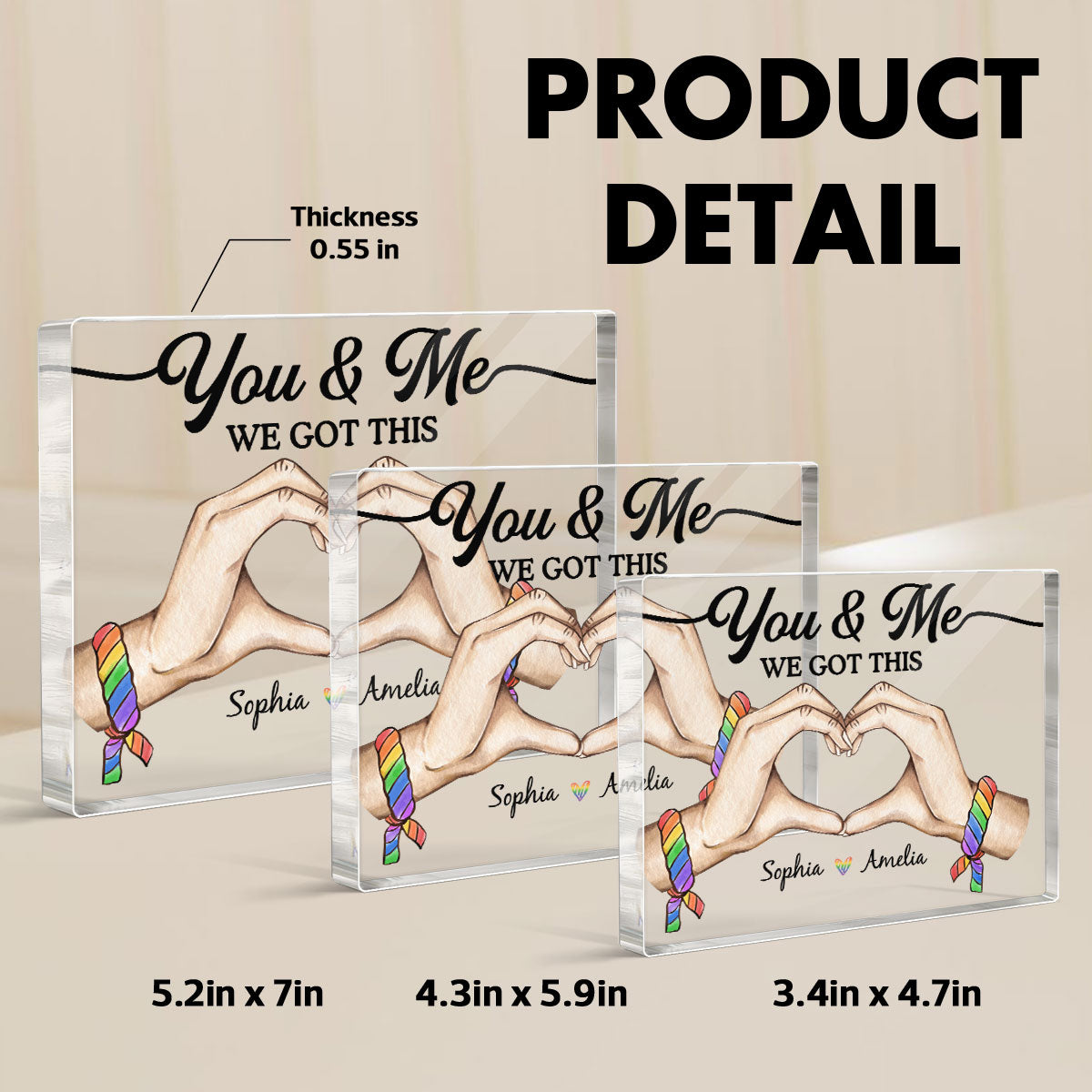 Pride Month LGBT Couple Heart Hands Personalized Rectangle Acrylic Block Plaque, Gift For Couple
