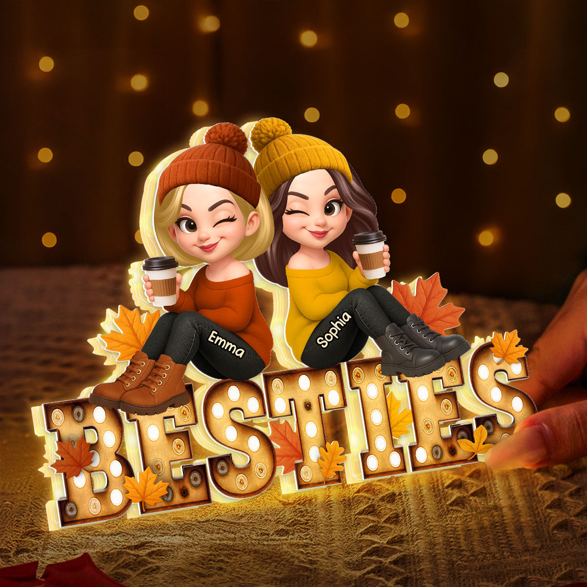 Fall Besties Sitting On Text Marquee Effect Personalized Light Box, Meaningful Gift For Best Friends