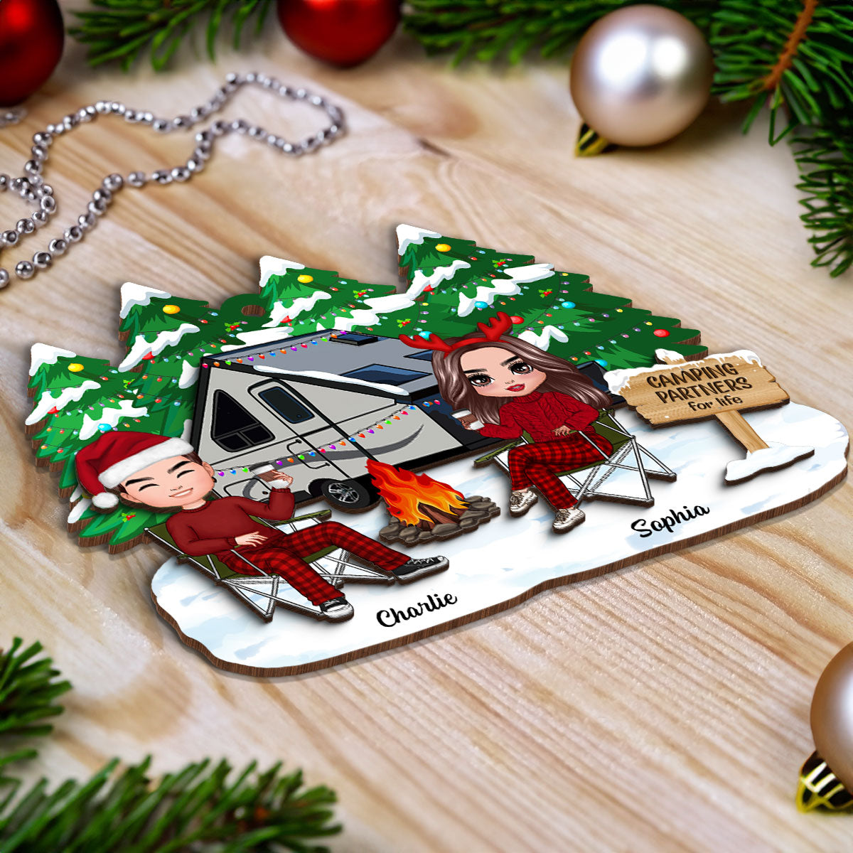 Camping Couple Christmas Personalized 2-Layer Wooden Ornament