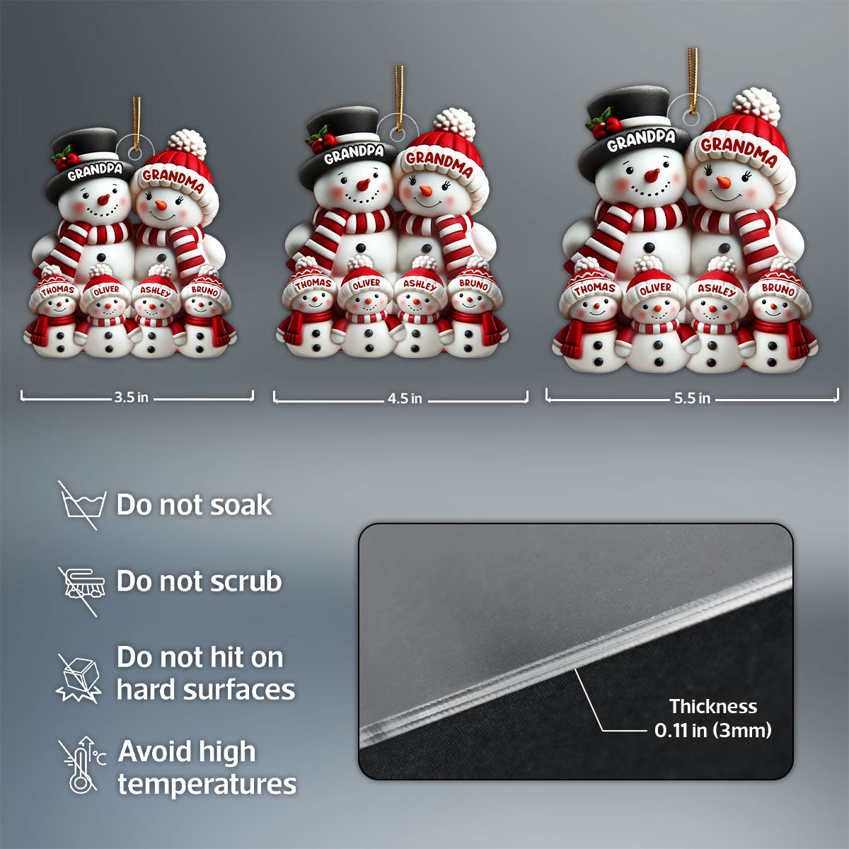 3D Effect Cute Snowman Family Christmas Decor - Personalized Acrylic Ornament