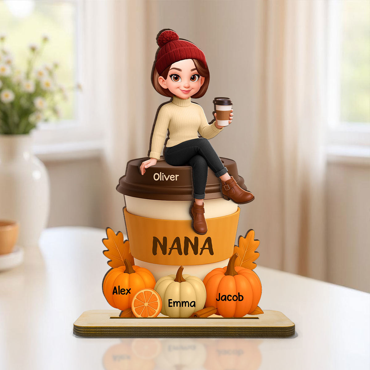 Grandma Mom Sitting On Pumpkin Spice Latte Grandkids Names Personalized 2-Layer Standing Wooden Plaque, Fall Season Decoration