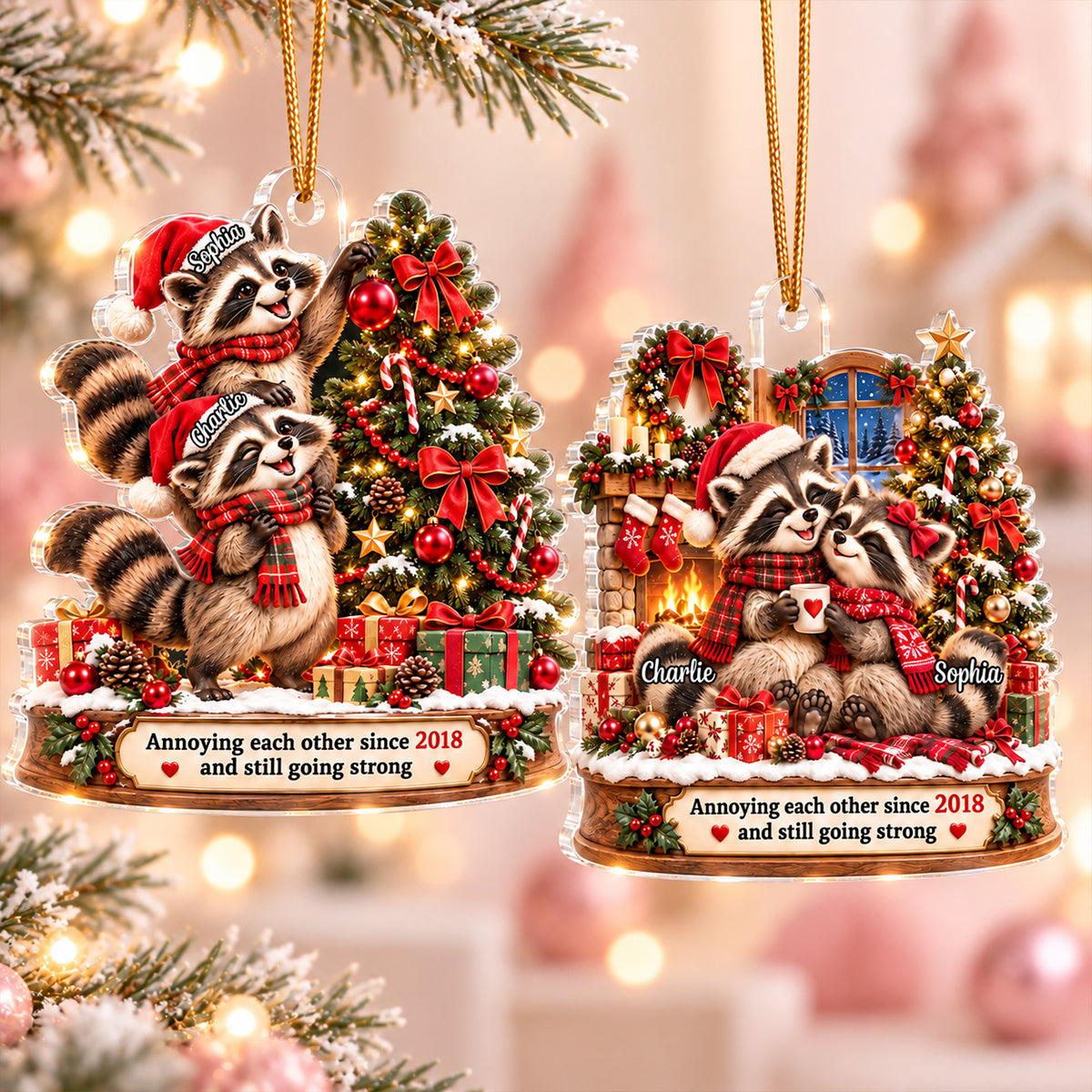 Raccoon Couple Annoying Each Other - Personalized Acrylic Ornament - Funny Christmas Gift for Him, for Her