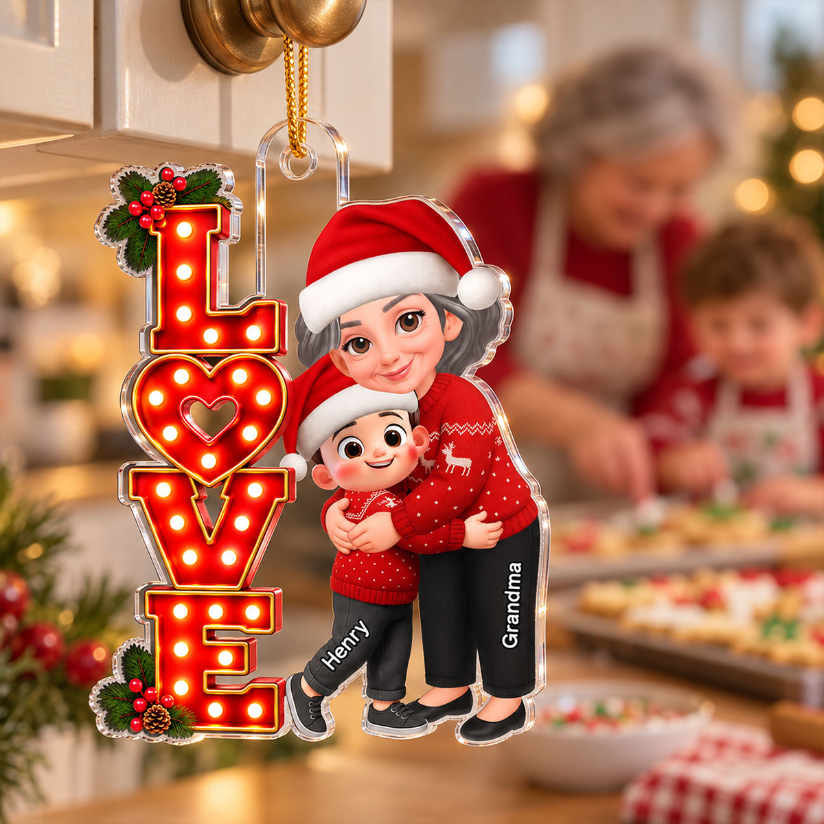 Grandma Hugging Grandkids LOVE Christmas Marquee 2D Flat - Personalized Acrylic Ornament - Christmas Gift For Grandma, Granddaughter, Grandson