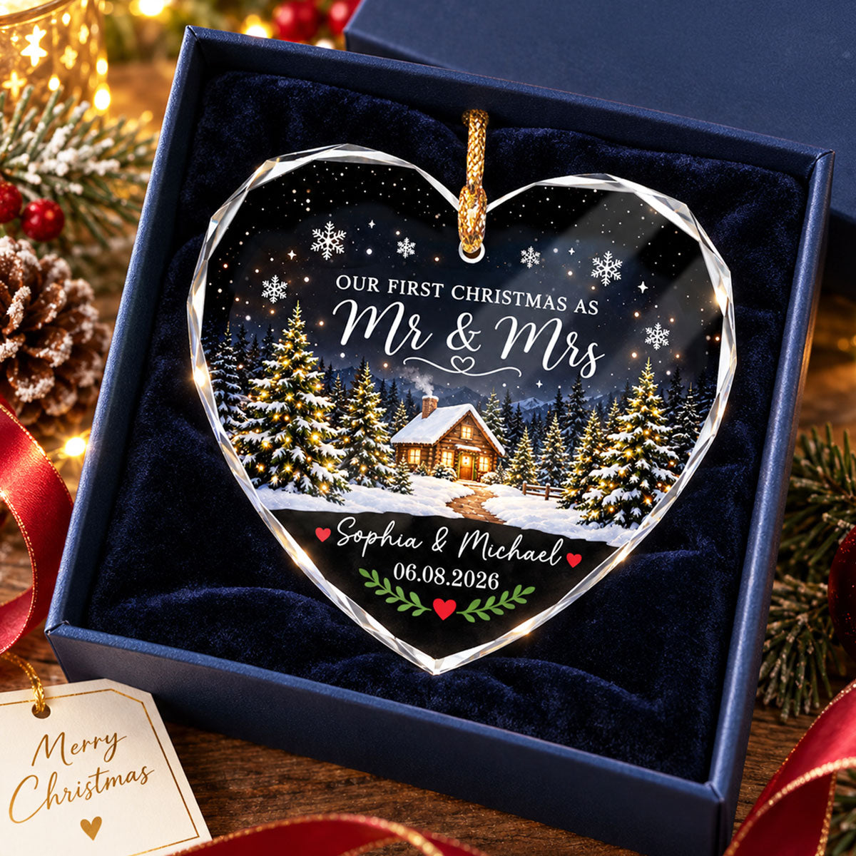 Our First Christmas As Mr Mrs Winter Cabin House - Personalized Glass Ornament - First Christmas Married Ornament For Couple