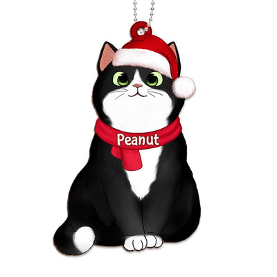 Fluffy Cat Christmas Hat Personalized Wooden Ornament