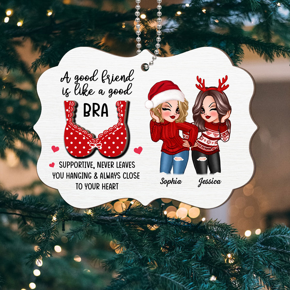 Sassy Besties A Good Friend Is Like A Good Bra Personalized 2-Layer Wooden Ornament
