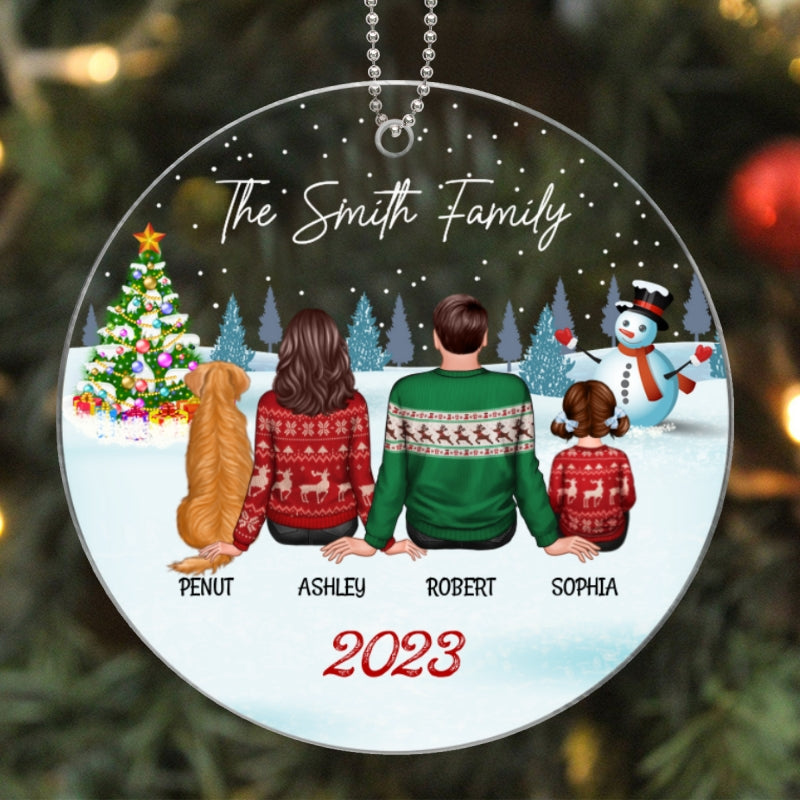 Family Dog Cat Christmas Tree Sitting In Snow Gift For Family Pet Lovers Personalized Acrylic Ornament