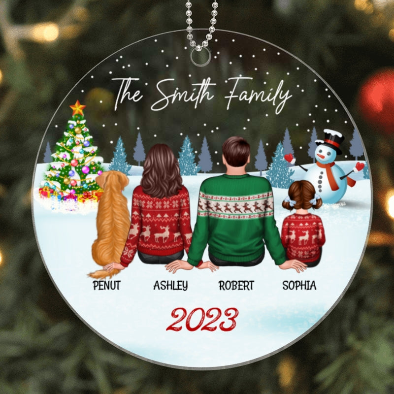 Family Dog Cat Christmas Tree Sitting In Snow Gift For Family Pet Lovers Personalized Acrylic Ornament