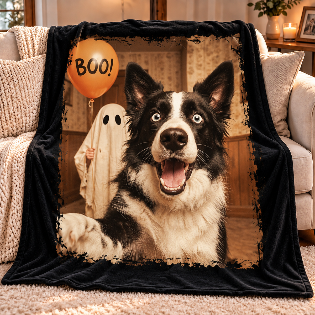 Custom Dog Cat Photo Halloween - Personalized Fleece Blanket - Trendy Vintage Spooky Tee for Pet Moms