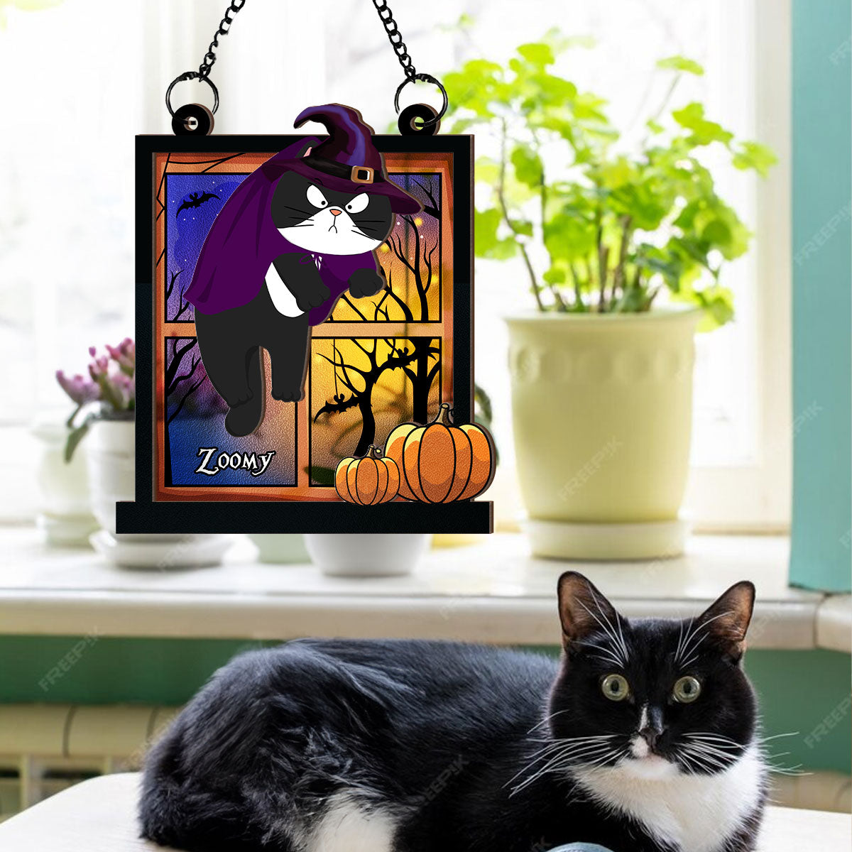 Halloween Cats Hanging On Window Personalized Suncatcher, Halloween Decor