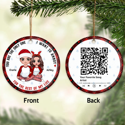 Doll Couple Sitting Annoying Each Other Favorite Song QR Code Personalized Double Sided Circle Ornament