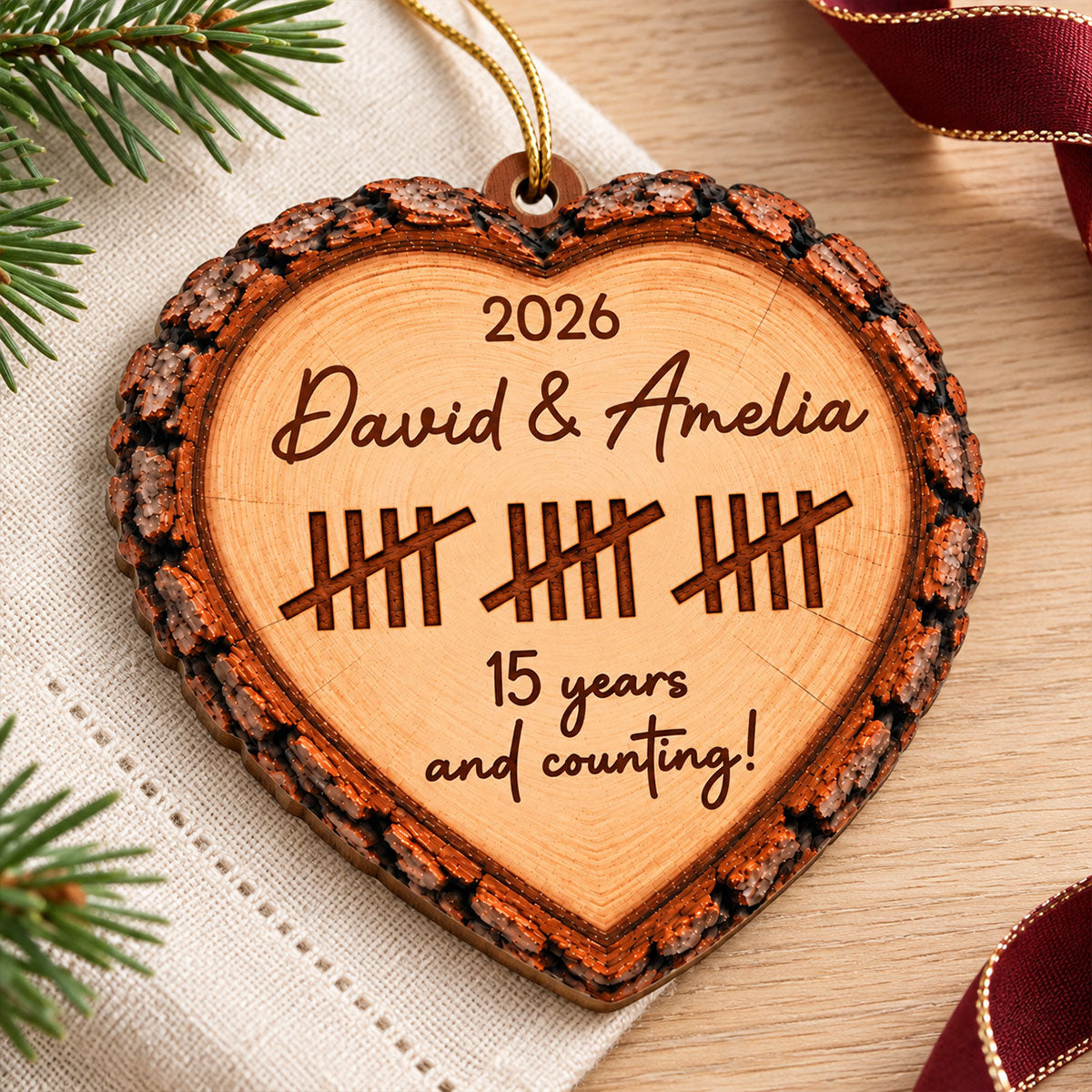 Years and Counting Rustic Heart Wood Slice - Personalized Wooden Ornament – Custom Anniversary Keepsake Gift for Couples