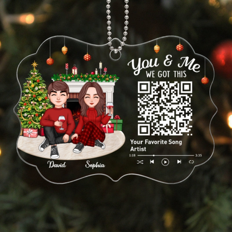 Cute Couple Sitting In House Favorite Song Scannable QR Code Christmas Personalized Christmas Ornament