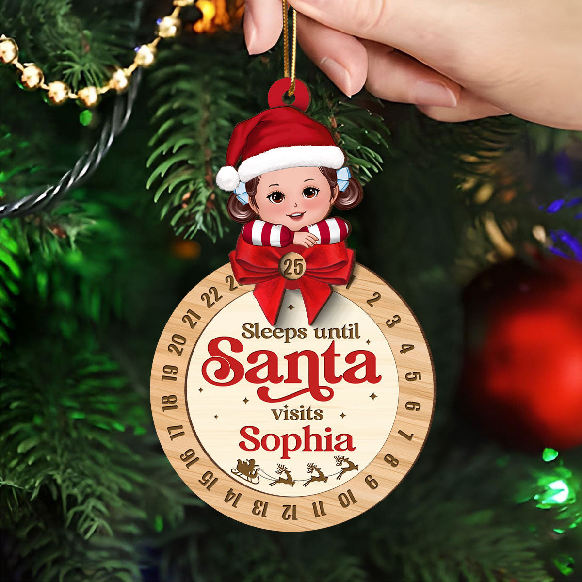 Sleeps Till Santa Visits Cute Doll Kid Personalized Countdown Ornament, Christmas Gift For Daughter Son Granddaughter Grandson
