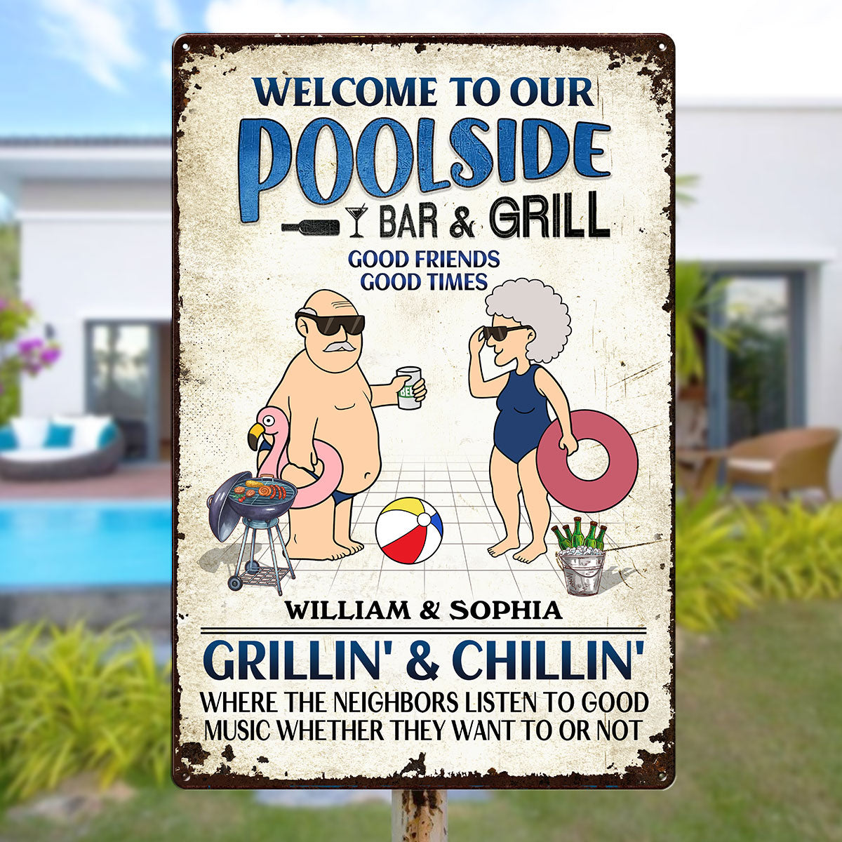 Welcome To Our Poolside Funny Old Couple Personalized Metal Sign