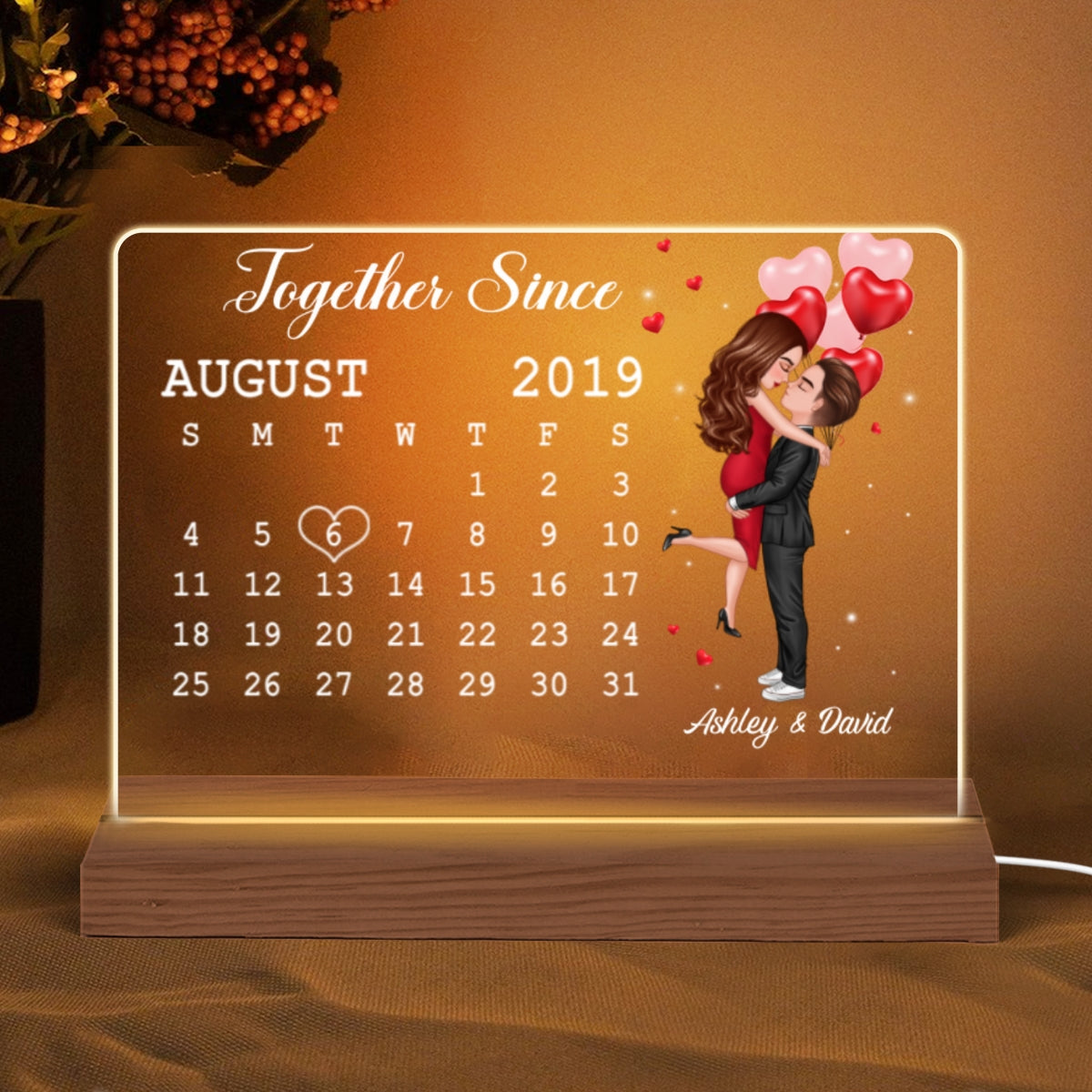 Doll Couple Hugging Kissing Calendar Anniversary Date Gift For Him For Her Personalized Custom Shape Acrylic Plaque LED Night Light