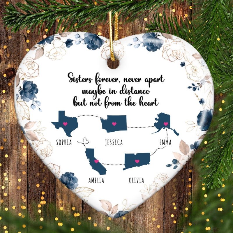 Sisters Forever Never Apart Personalized Ceramic Heart Ornament, Long Distance Togetherness Christmas Gift For Sisters, Siblings