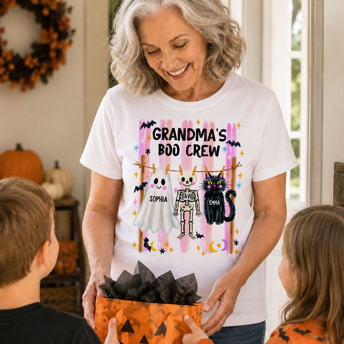 Grandma's Boo Crew Preppy Pattern - Personalized Shirt - Trendy Fall Halloween Tee for Grandma