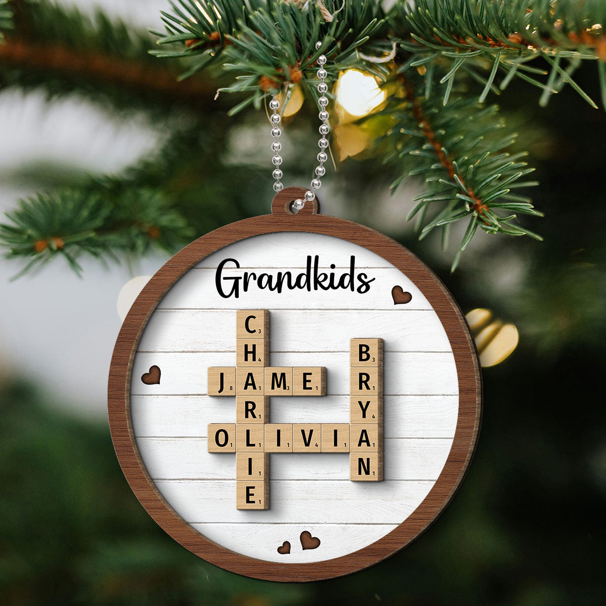 Grandkids Crossword Puzzle Art - Personalized 2-Layered Wooden Ornament - Christmas Gift For Mom, Gift For Grandma