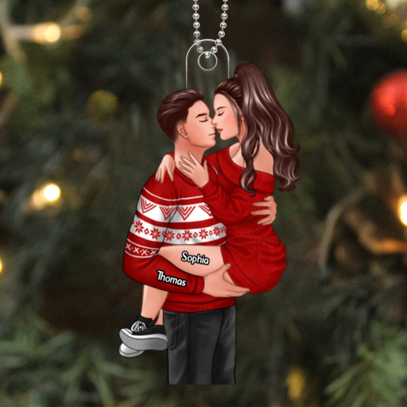 Man Holding Woman Kissing Christmas Gift For Couple Personalized Acrylic Ornament