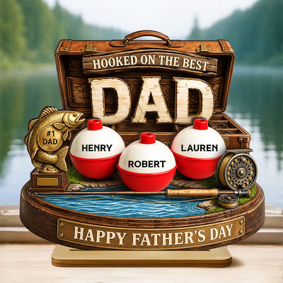 Hooked On The Best Dad Fishing - Personalized 2-Layered Wooden Plaque - Heartfelt Gift For Fishing Dad, Gift For Husband