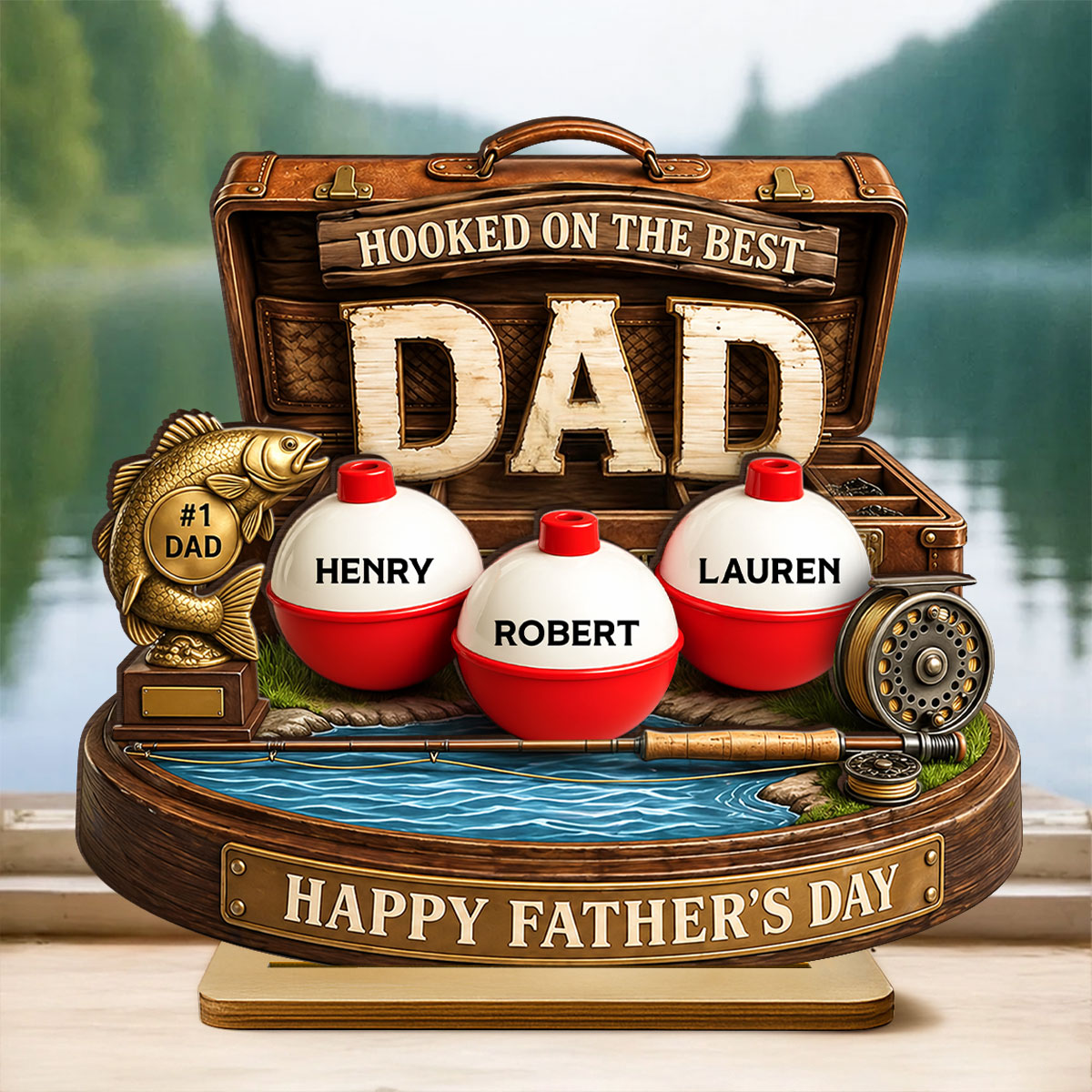 Hooked On The Best Dad Fishing - Personalized 2-Layered Wooden Plaque - Heartfelt Gift For Fishing Dad, Gift For Husband