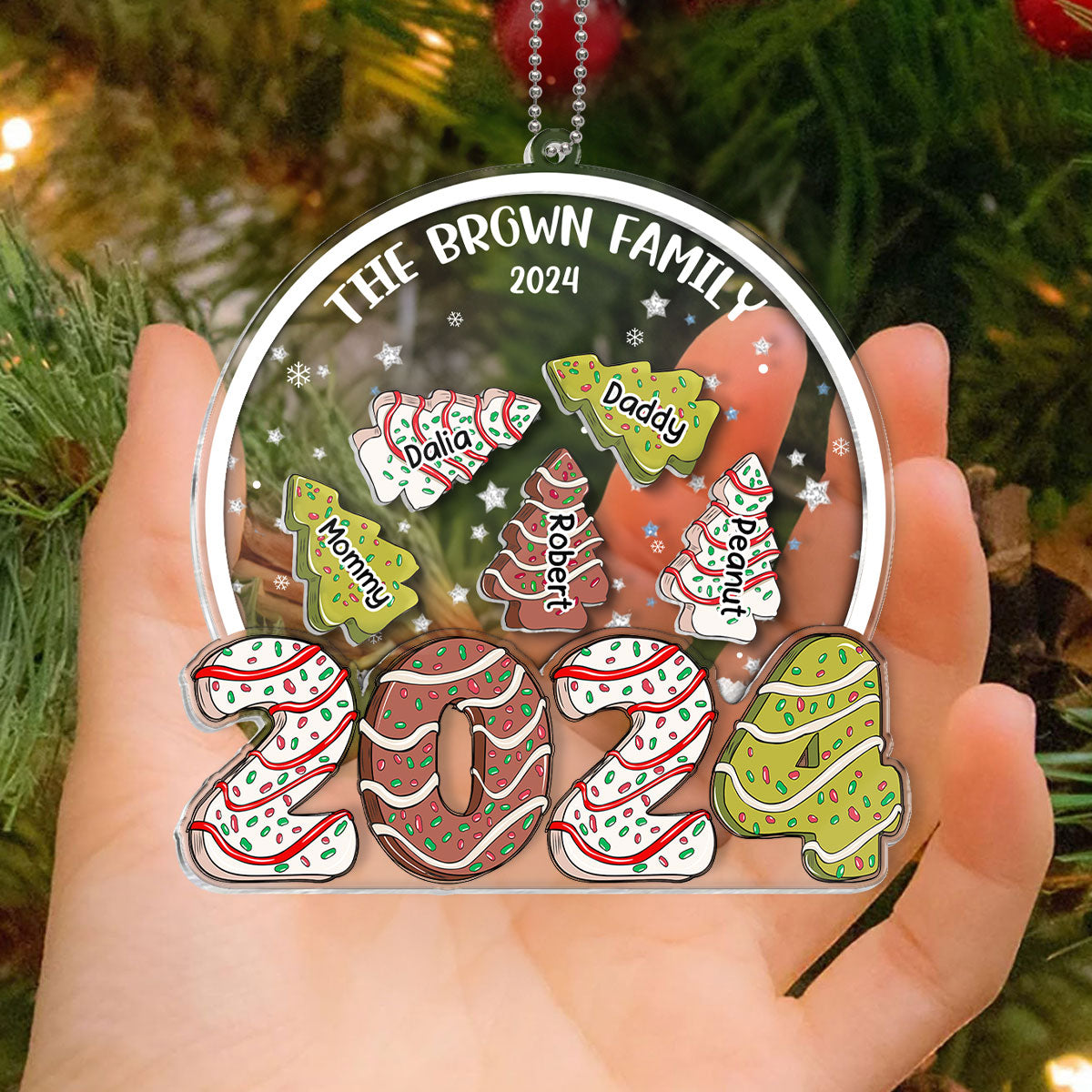 Family Christmas Tree Cake 2024 Personalized Shaker Ornament, Christmas Gift