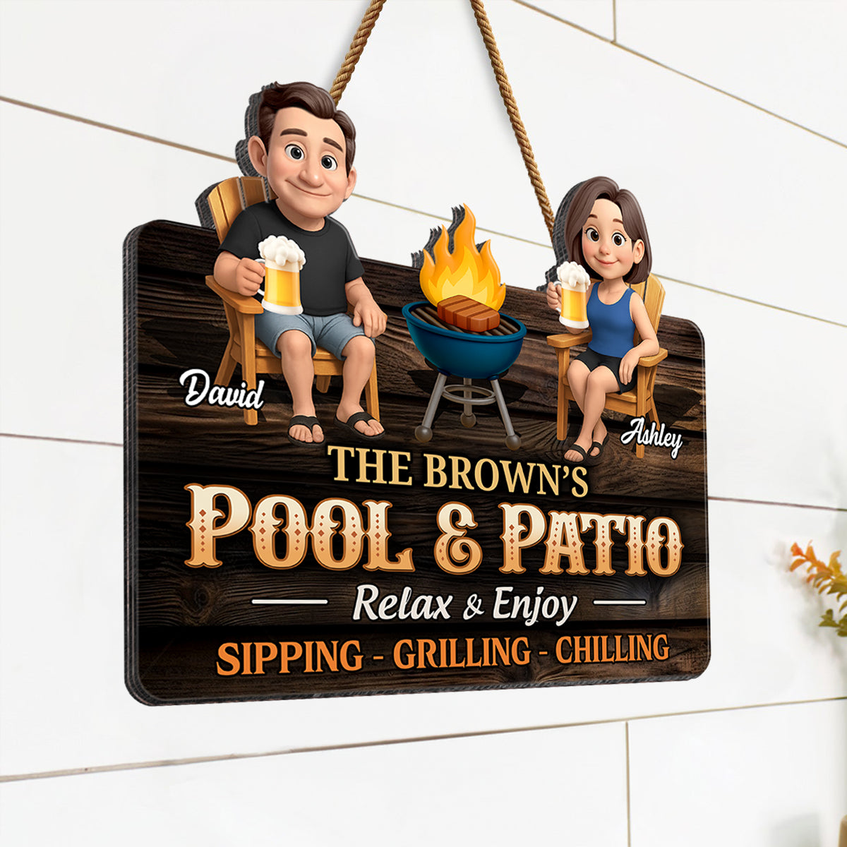 Couple Pool & Patio Sipping Grilling Chilling Personalized Wood Sign