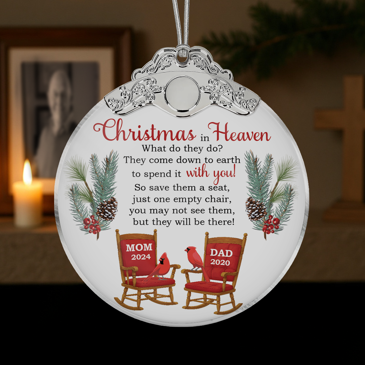 Christmas In Heaven Save A Seat - Personalized Glass Ornament With Silver Cap - Christmas Memorial Keepsake For Family