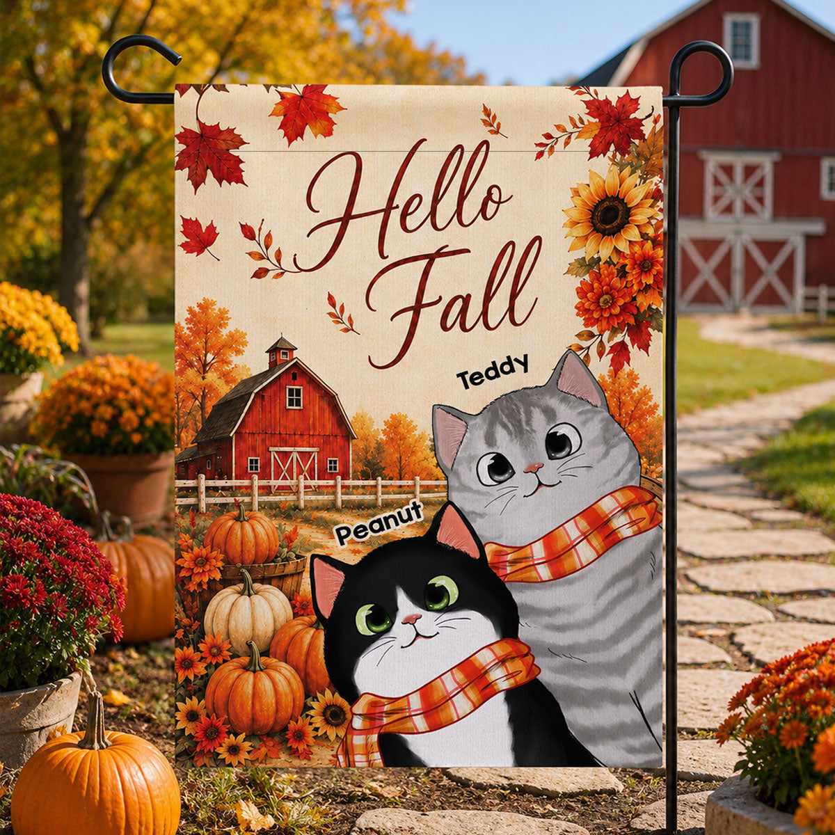 Trending Hello Fall Cute Cat - Personalized Garden Flag - Fall Season Gift For Cat Lovers