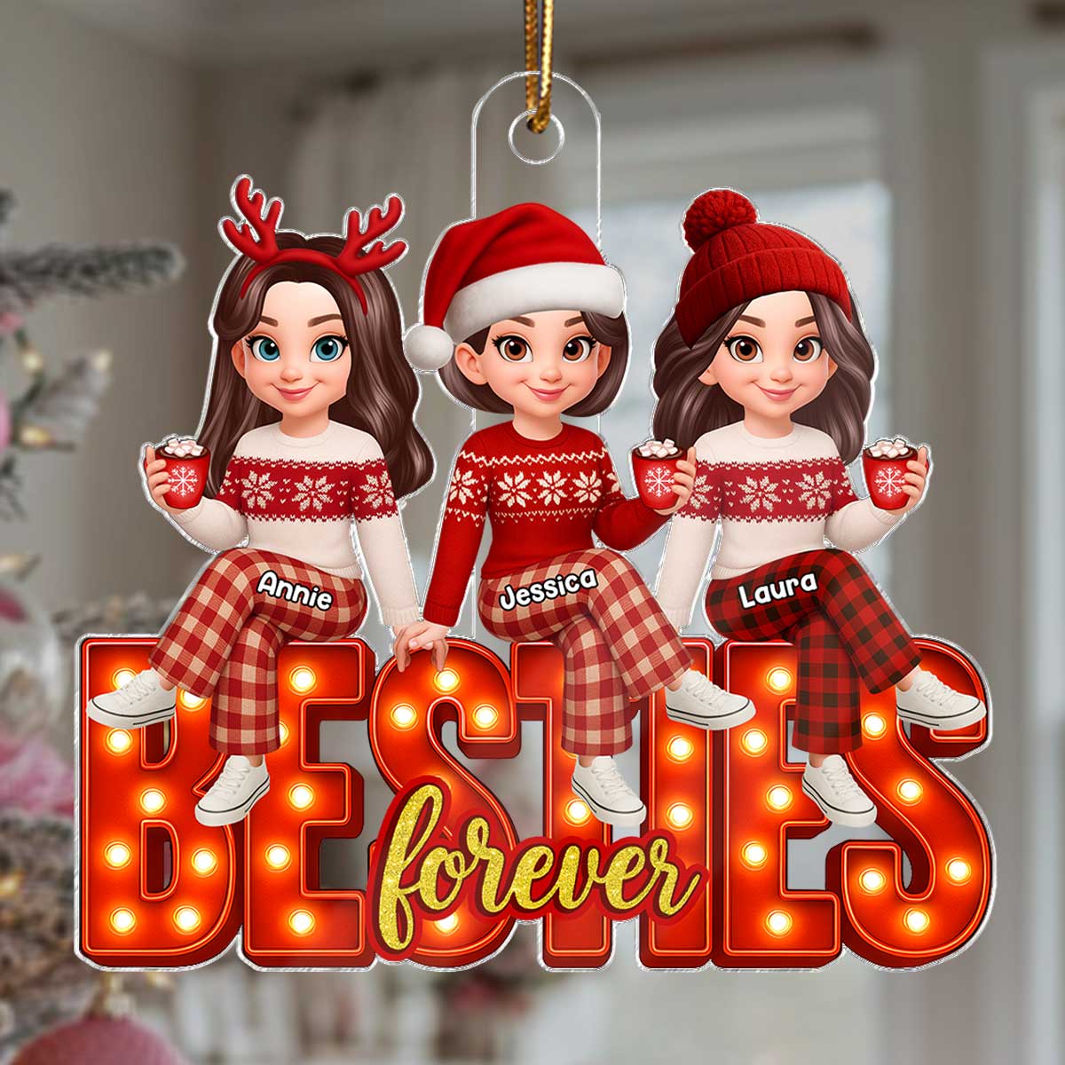 3D Effect Christmas Besties Forever Marquee Effect - Personalized Acrylic Ornament - Christmas Gift For Best Friends