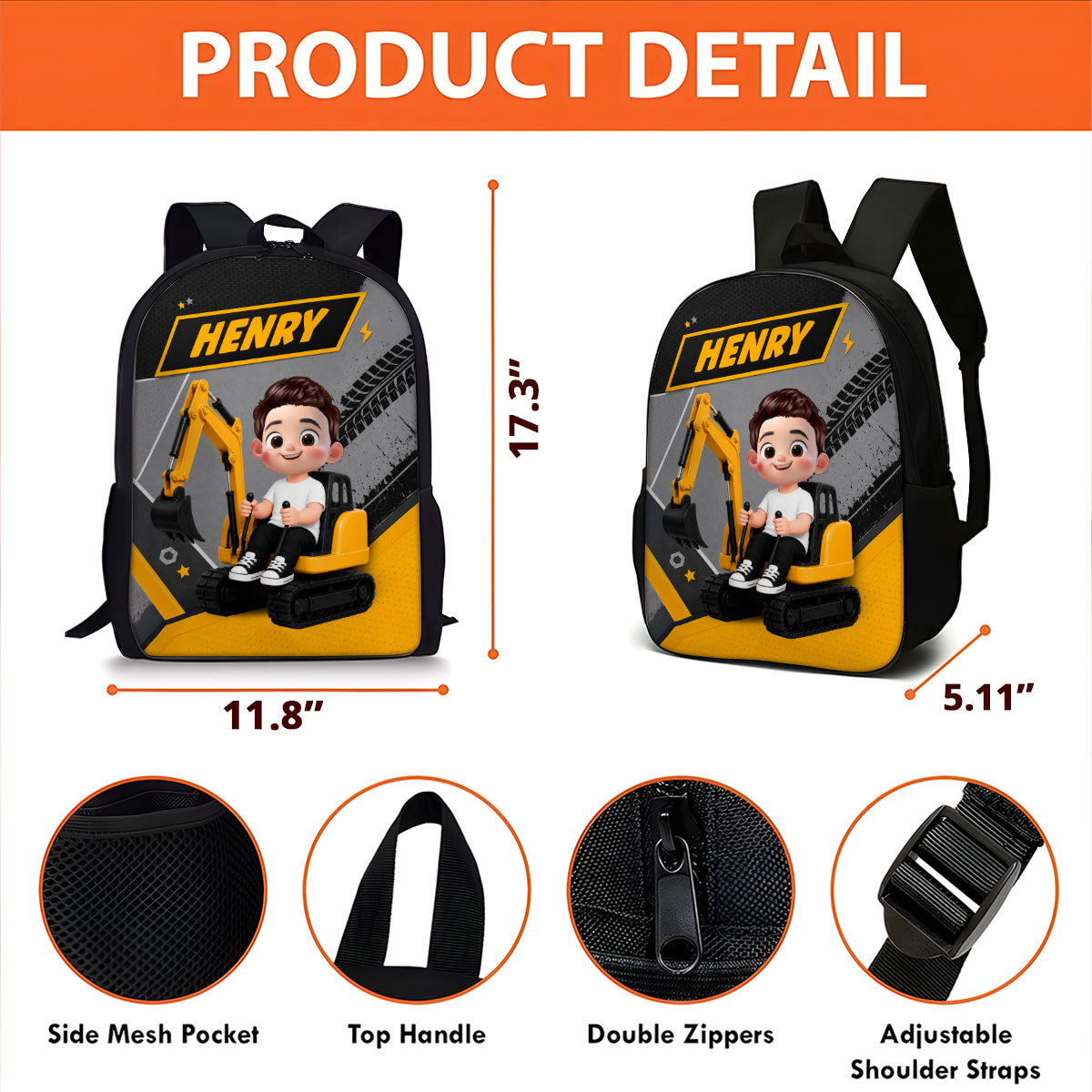 Cute Kid Ride Excavator - Personalized Backpack - Back To School Gift For Kids, Grandkids