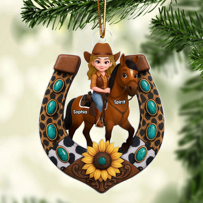 3D Effect Cowgirl And Her Horse Horseshoe - Personalized Acrylic Ornament - Christmas Gift