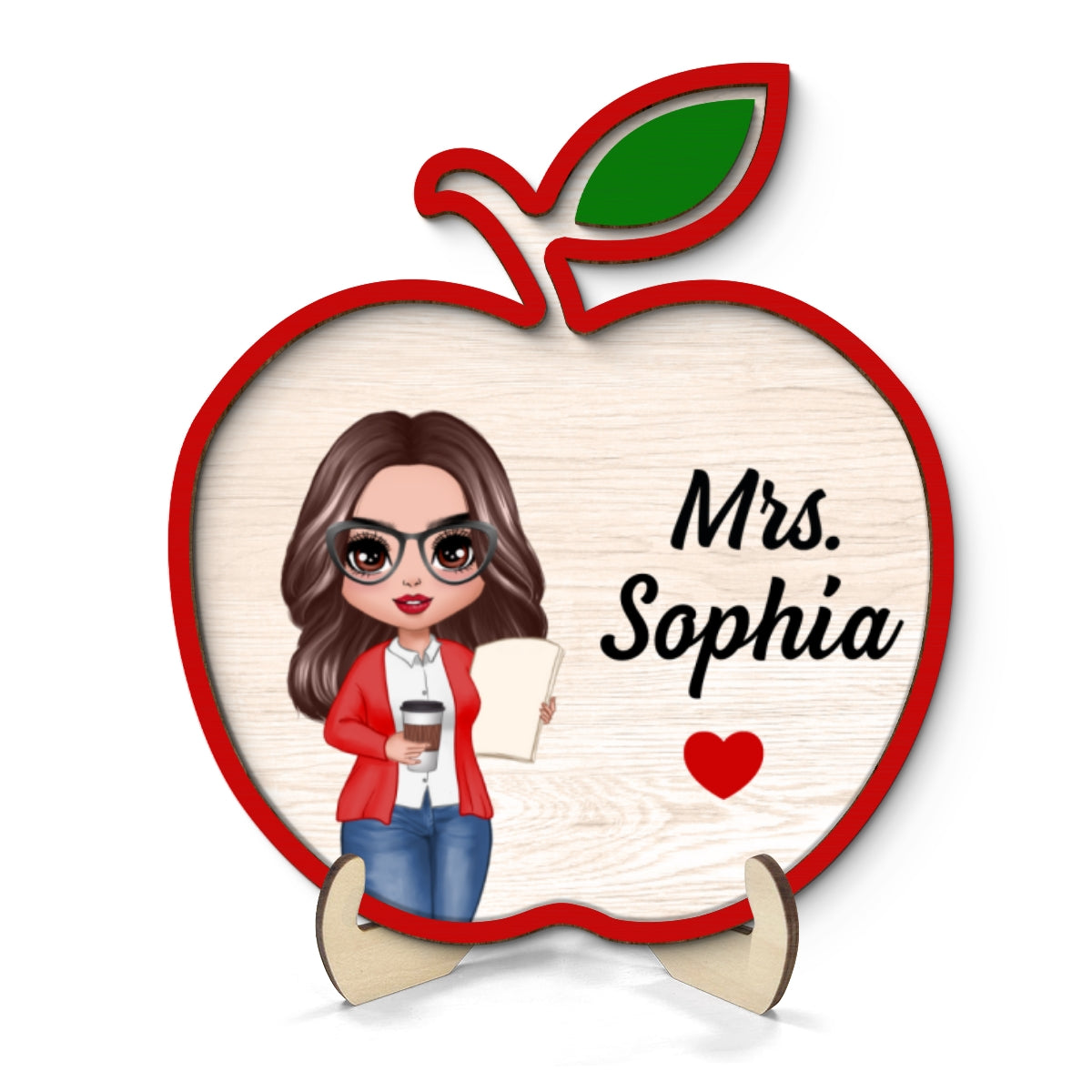 Doll Teacher Apple Shaped Personalized 2-Layer Wooden Plaque, Back To School Gift For Teacher, Office Decor