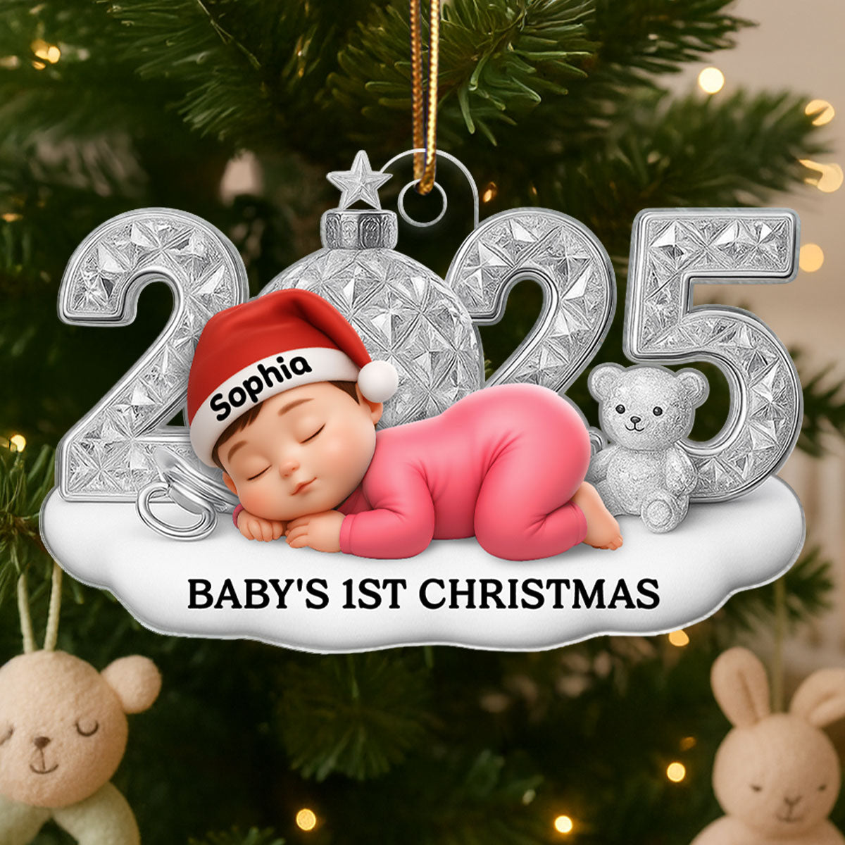 Cute Baby 2025 First Christmas - Personalized Acrylic Ornament - Christmas Gift for New Parent, Newborn Keepsake