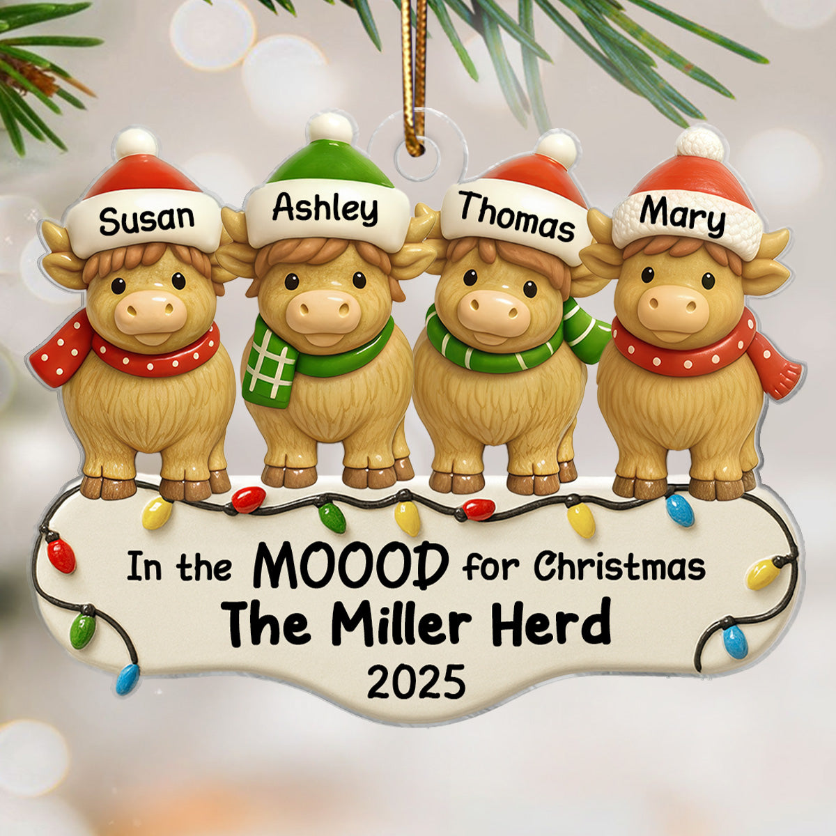 3D Effect Highland Cows Family Herd In The Moood For Christmas Personalized Acrylic Ornament, Christmas Decor