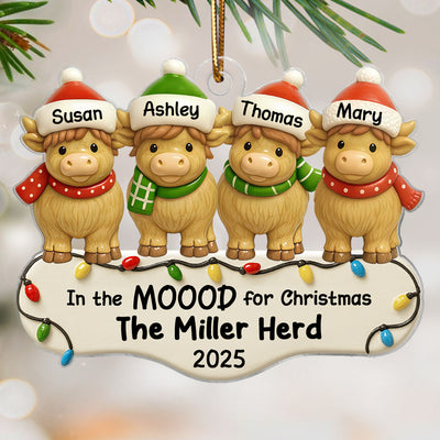 3D Effect Highland Cows Family Herd In The Moood For Christmas Personalized Acrylic Ornament, Christmas Decor