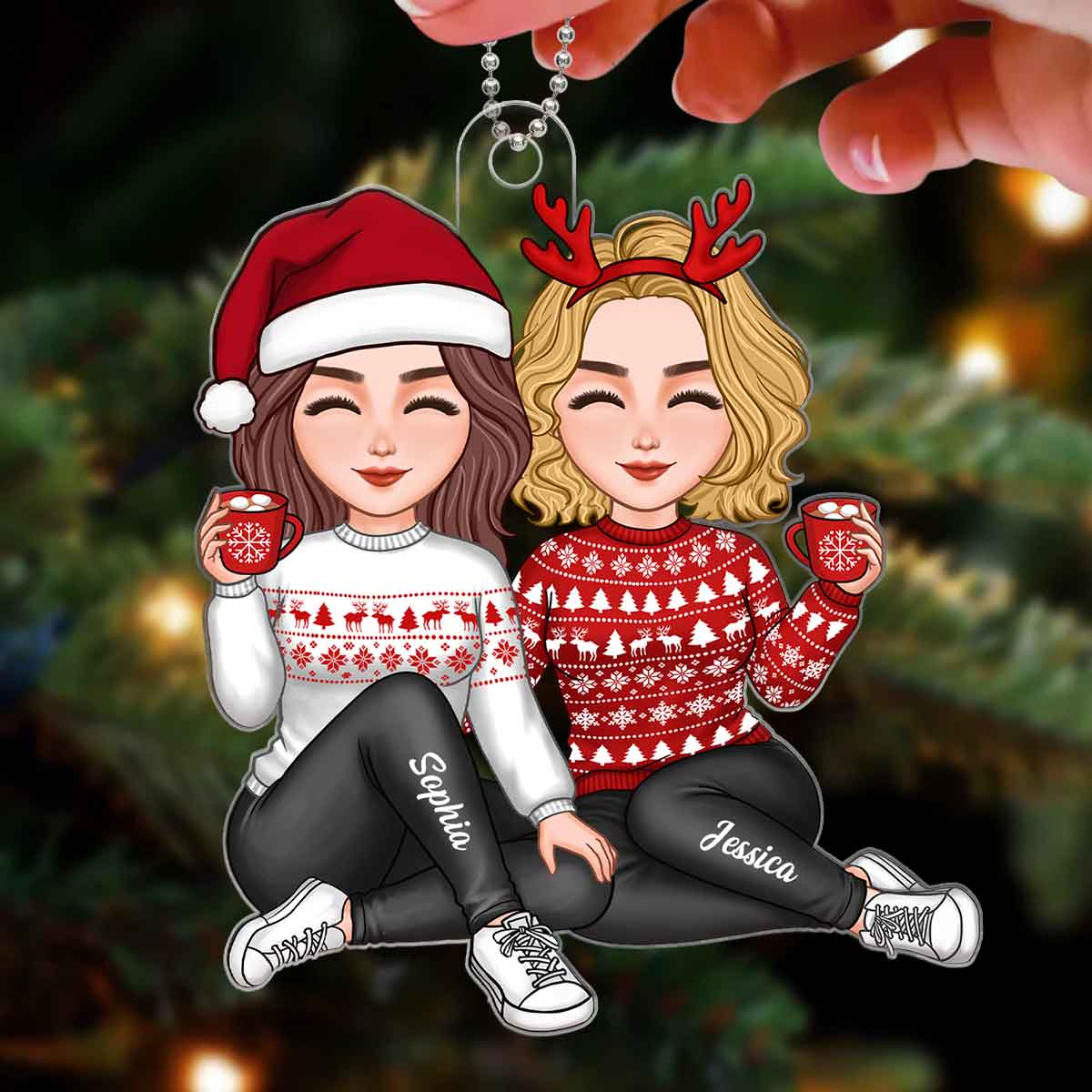 Cute Besties Sisters Sitting Together Christmas Gift For Friends Sisters Personalized Acrylic Ornament