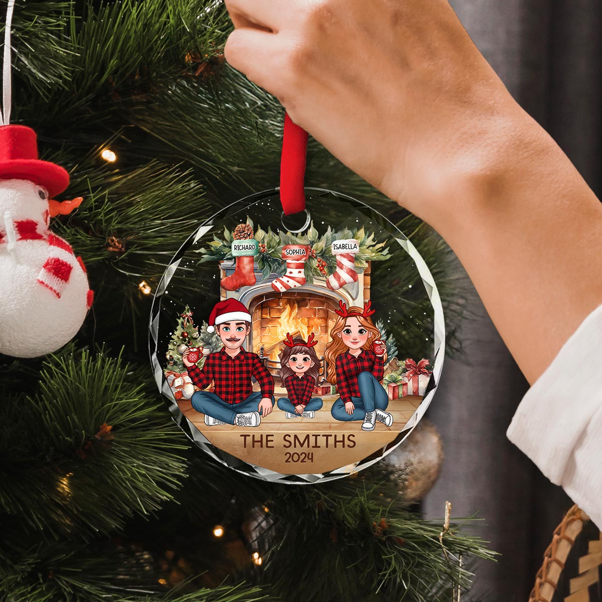Animated Family Vintage Christmas Stockings Fireplace Personalized Glass Ornament, Christmas Gift For Family