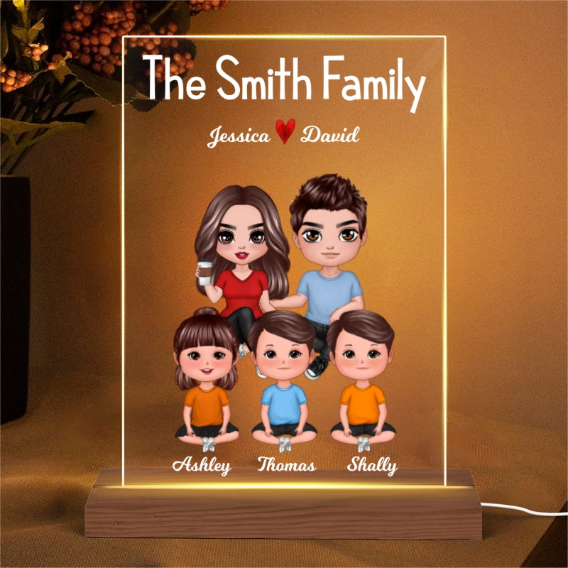 Doll Whole Family Couple Kids Dogs Cats Sitting Personalized Rectangle Acrylic Plaque LED Night Light