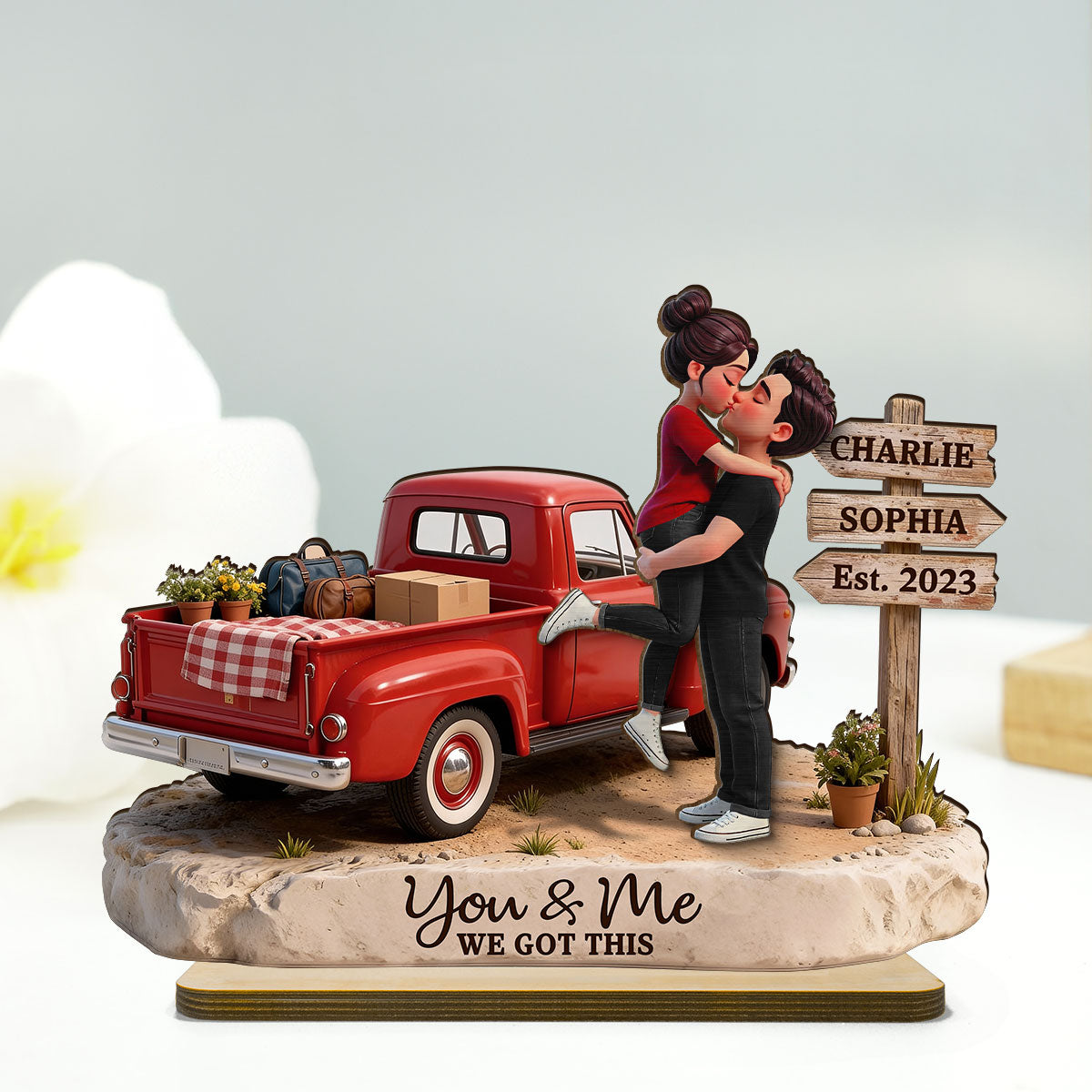 Romantic Couple Pickup Truck Sign Post - Personalized 2-Layered Wooden Plaque - Gift For Couple, Farmhouse Decor
