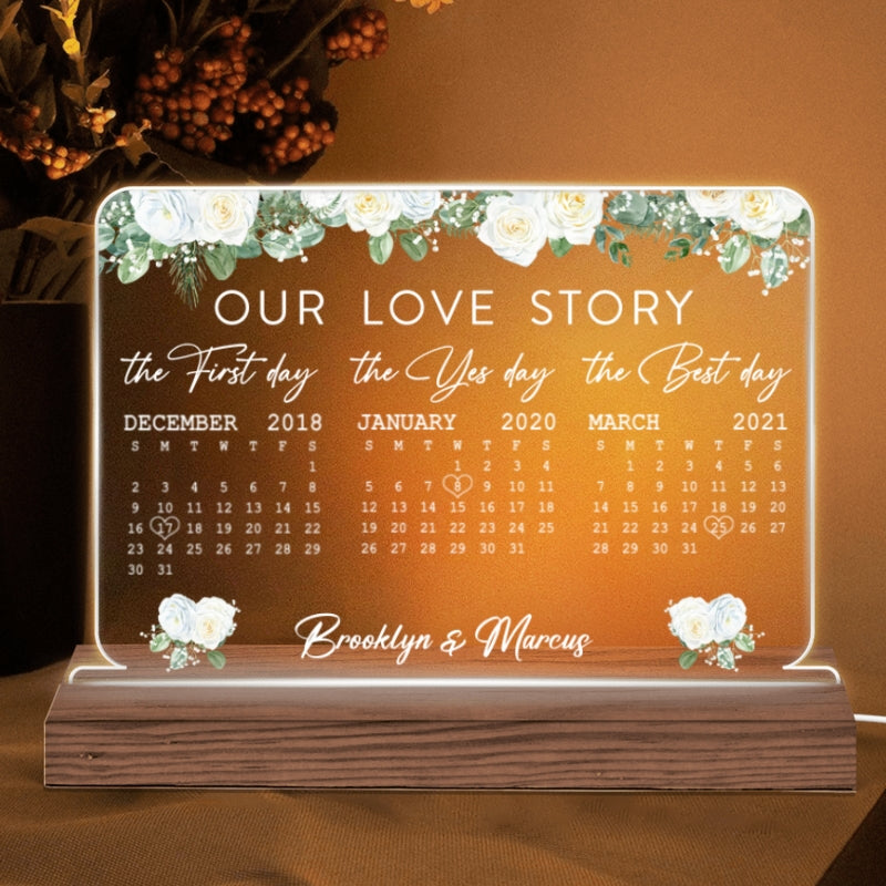 Our Love Story Anniversary Date Calendar Personalized Horizontal Rectangle Acrylic Plaque With LED Night Light - Anniversary Gift For Couple - Gift For Him, Gift For Her