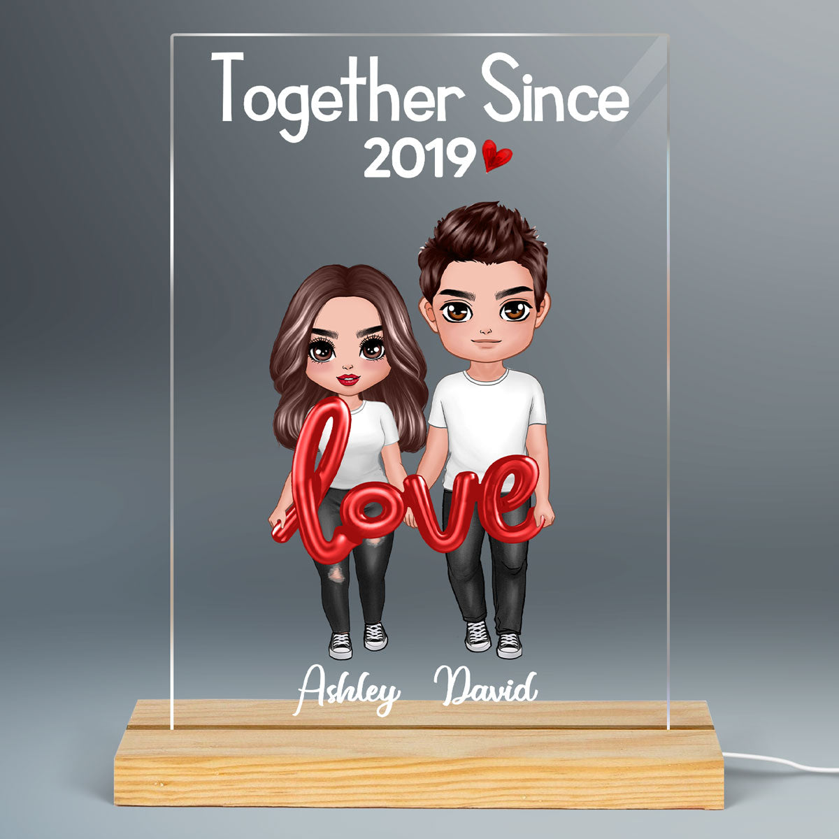 Doll Couple Love Balloon Personalized Rectangle Acrylic Plaque LED Lamp Night - Gift For Him For HerLight