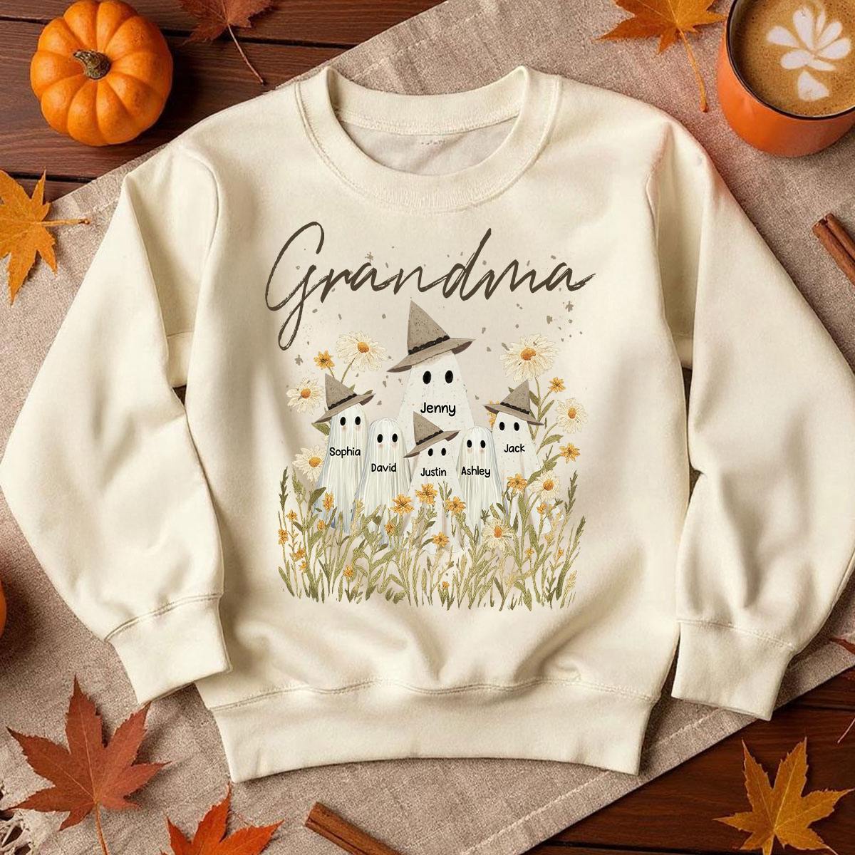 Cute Ghost Grandma And Kids In Wildflowers Spooky Fall Personalized Sweatshirt
