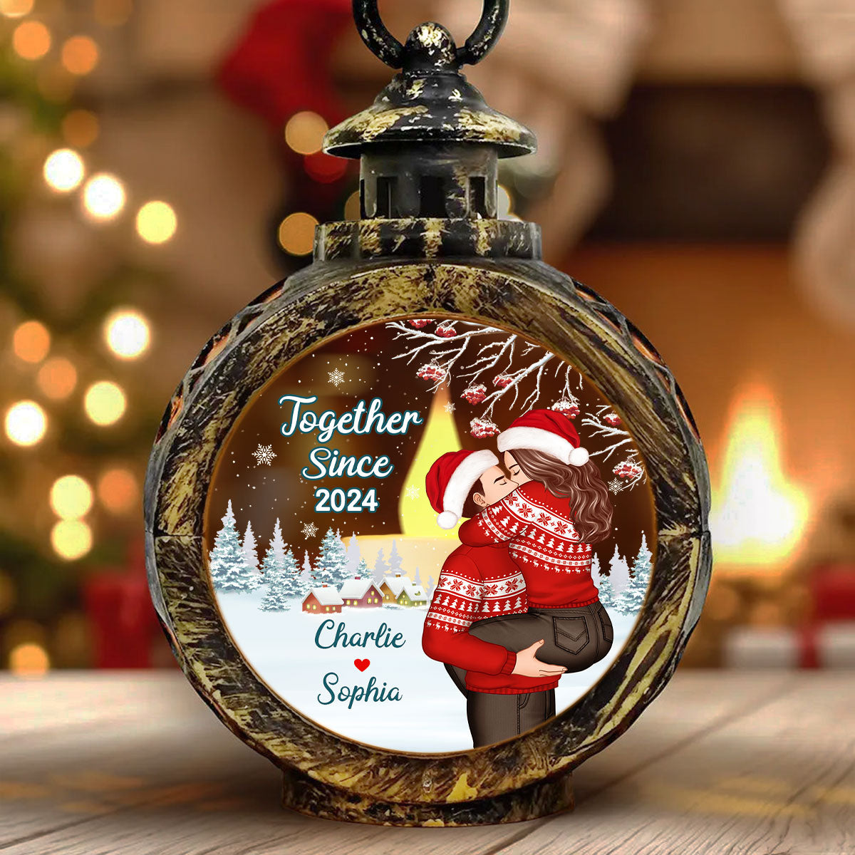 Couple Hugging Kissing Personalized Lantern Ornament, Christmas Gift For Him, For Her