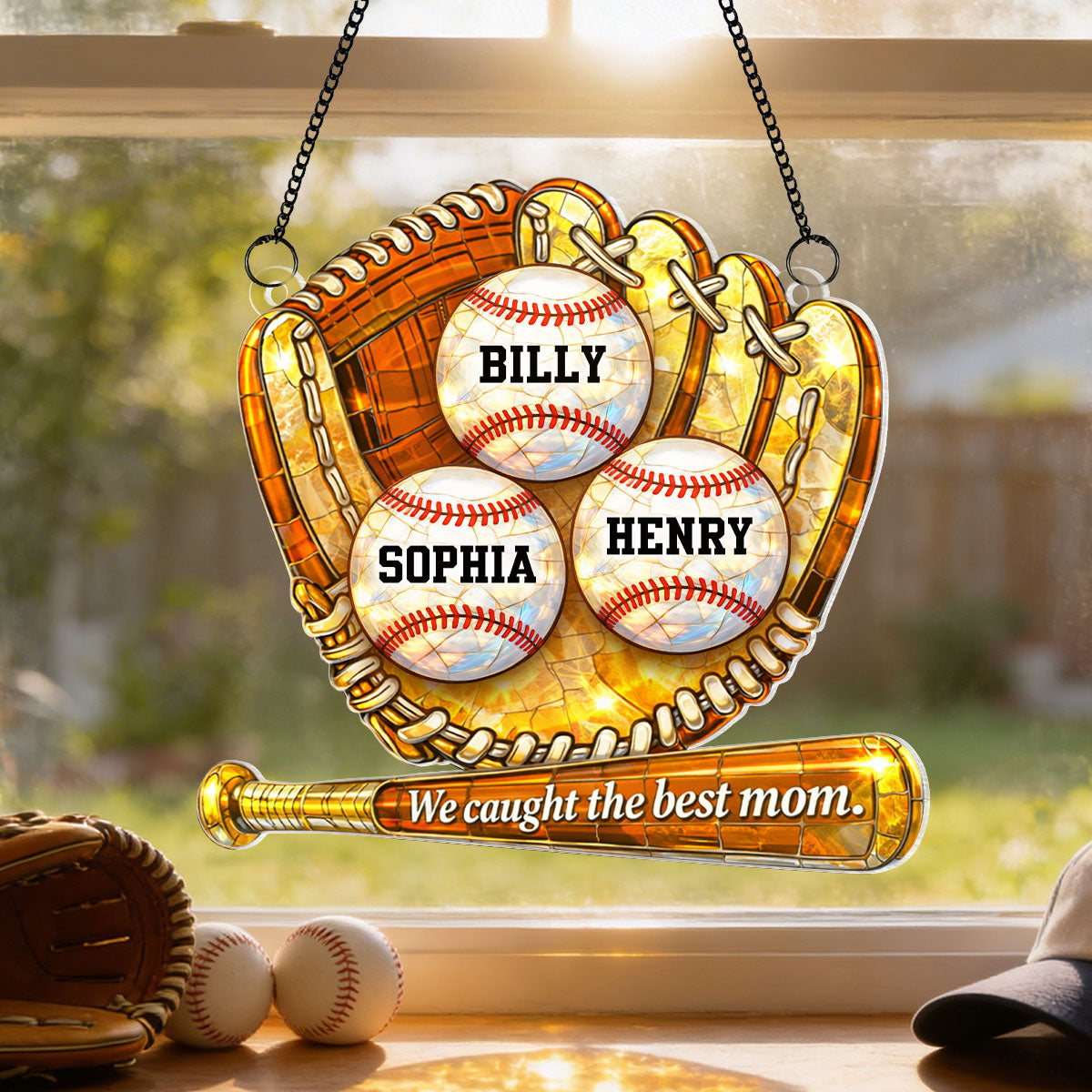 We Caught the Best Baseball Softball Mom - Personalized Acrylic Suncatcher - Sentimental Mother's Day Gift for Mom, Wife
