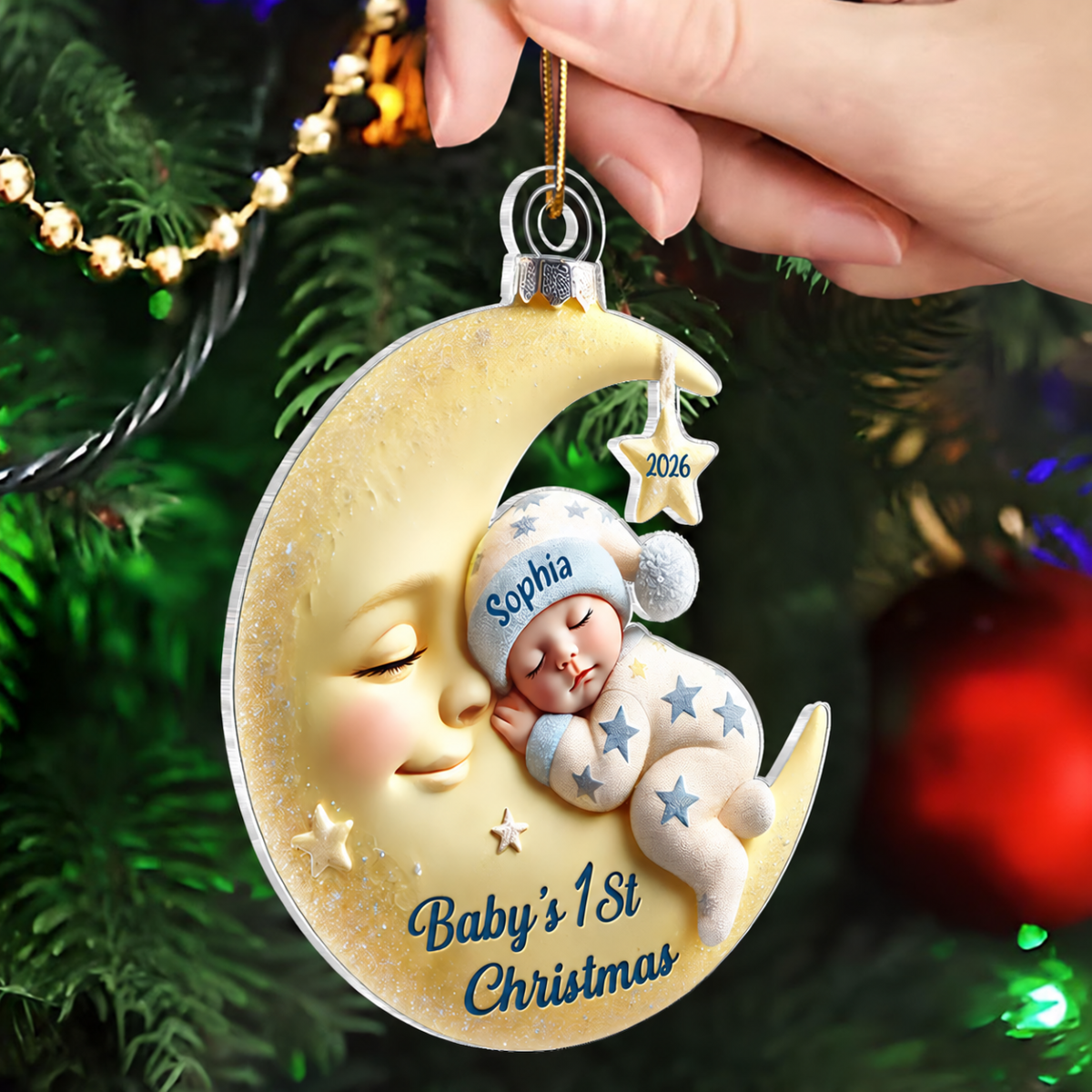 Baby On Moon First Christmas 1st Christmas Keepsake 2D Flat Printed- Personalized Acrylic Ornament