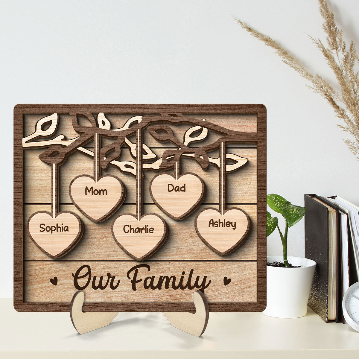 Family Tree Sign Grandkids Names Hanging Hearts Home Decor Personalized 2-Layer Wooden Plaque