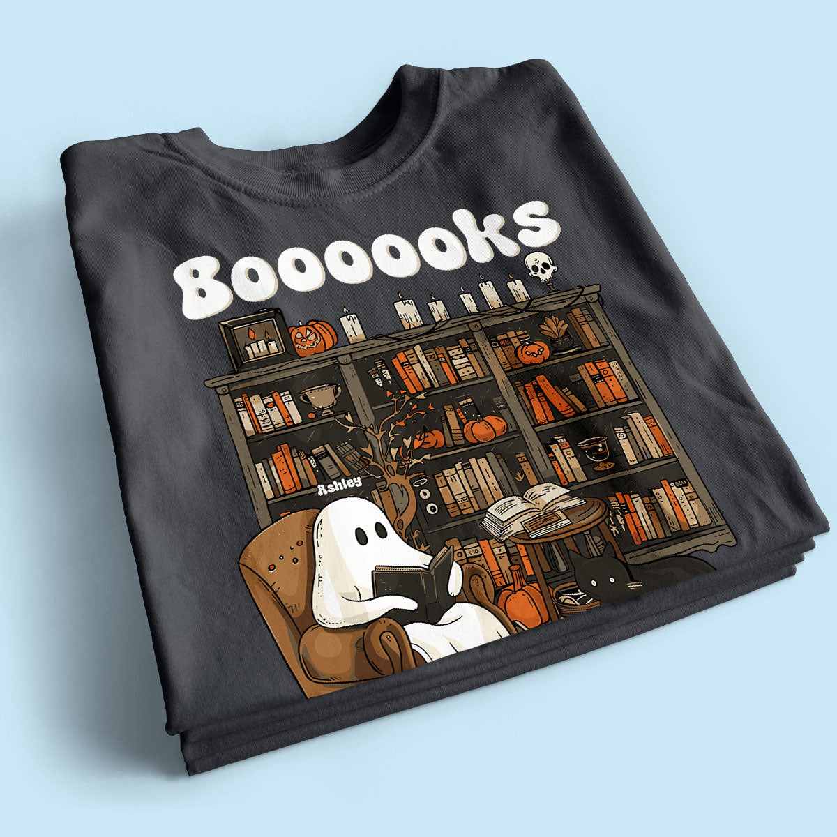 Booooks Retro Ghost Reading Books Personalized Halloween Shirt for Book Lover, Librarian, Teacher