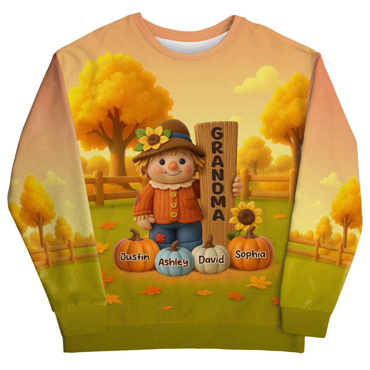 Grandma Scarecrow Standing Grandkids Pumpkins 3D Effect Personalized Sweatshirt
